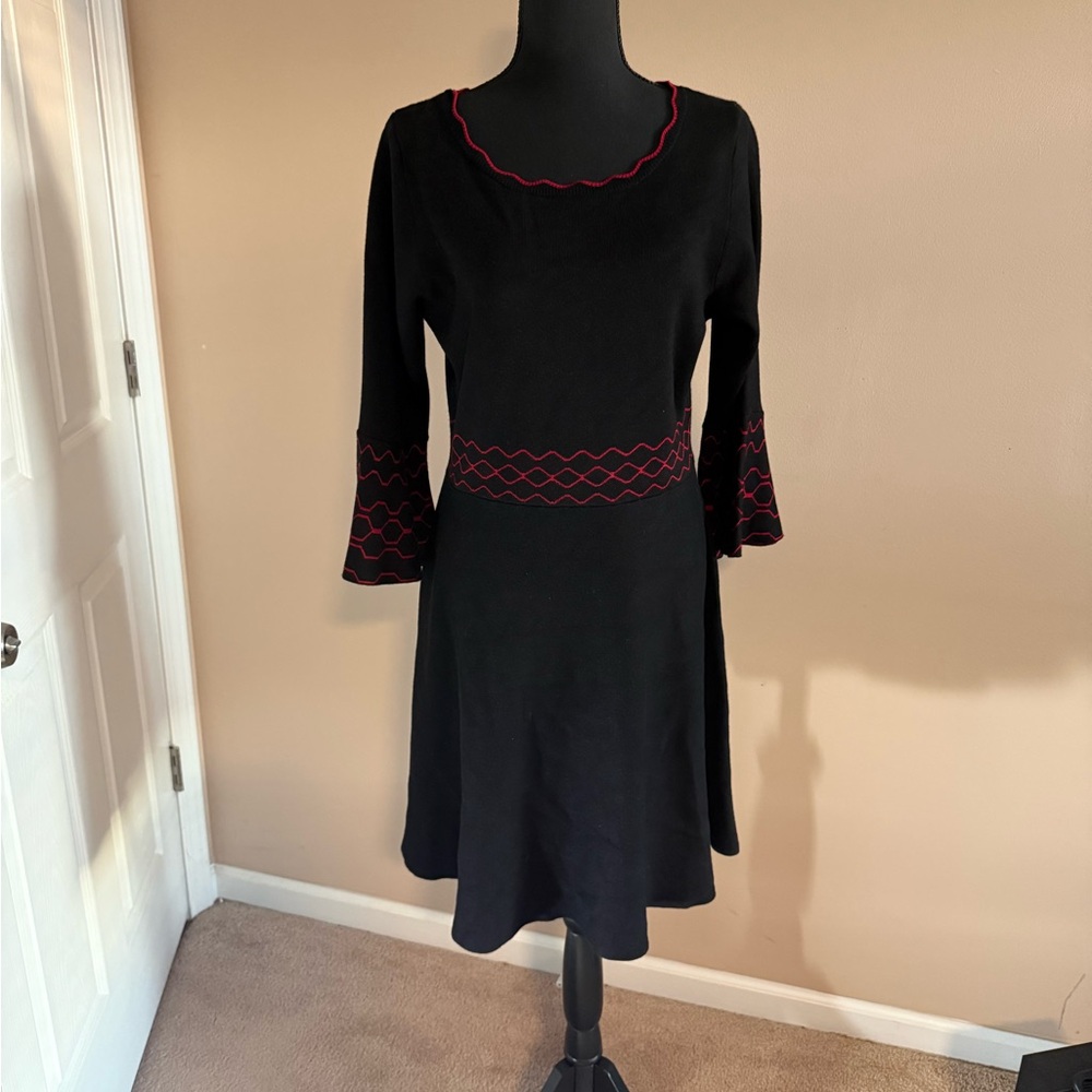 Black Dress with Red Trim - Women's Elegant A-Line Dress
